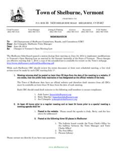 Town of Shelburne, Vermont CHARTERED 1763 P.O. BOX[removed]SHELBURNE ROAD SHELBURNE, VT[removed]Clerk/Treasurer[removed]