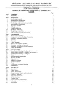 SWEDENBORG ASSOCIATION OF AUSTRALIA INCORPORATED Incorporated under the New South Wales Associations Incorporation Act 2009 Registered No. INC98881362 NEW CONSTITUTION (adopted at the Annual General Meeting held on 23 rd