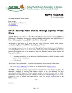 News release - MFDA Hearing Panel makes findings against Robert Shaw