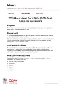 Memo[removed]Senior secondary: 2015 Queensland Core Skills (QCS) Test - Approved calculators