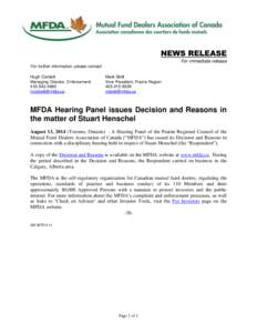 News release - MFDA Hearing Panel issues Decision and Reasons in the matter of Stuart Henschel