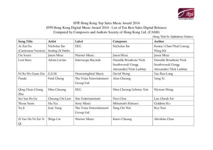 IFPI Hong Kong Top Sales Music Award 2014 IFPI Hong Kong Digital Music Award[removed]List of Ten Best Sales Digital Releases Computed by Composers and Authors Society of Hong Kong Ltd. (CASH) (Song Title In Alphabetic Ord