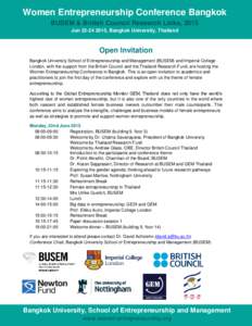 Women Entrepreneurship Conference Bangkok BUSEM & British Council Research Links, 2015 Jun, Bangkok University, Thailand Open Invitation Bangkok University School of Entrepreneurship and Management (BUSEM) and