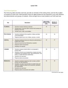 Level 5/6  Test Descripti ons The following table describes each test, provides an estimate of the testing times, and lists the number of questions at each level. Administration times are approximate and are expected to 