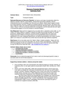 USEPA Office of Water Recovery Potential Screening Website[removed]http://www.epa.gov/recoverypotential/ Recovery Potential Metrics Summary Form Indicator Name: