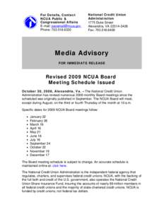 Media Advisory - Revised 2009 NCUA Board Meeting Schedule Issued