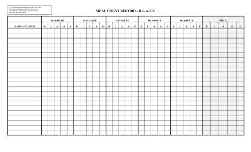 G:\CACFP\forms\centers\MCR-BLASÉ (Rev[removed]North Dakota Department of Public Instruction Child Nutrition and Food Distribution Programs Bismarck, ND[removed]MEAL COUNT RECORD – B-L-A-S-E