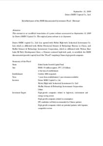 September 18, 2009 Daiwa SMBC Capital Co., Ltd. Establishment of the RMB denominated Investment Fund（Excerpt） Attention This excerpt is an unofficial translation of a press release announced on September 18, 2009