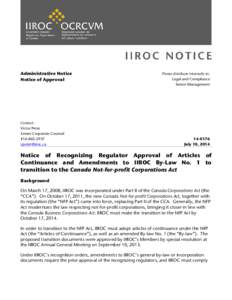 Administrative Notice Notice of Approval Contact: Victor Peter Senior Corporate Counsel