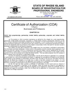 STATE OF RHODE ISLAND BOARD OF REGISTRATION FOR PROFESSIONAL ENGINEERS COA AMENDED APPLICATIONPontiac Avenue, Bldg. 68-2