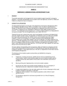 TILLAMOOK COUNTY, OREGON EMERGENCY OPERATIONS AND MANAGEMENT PLAN ANNEX G EMERGENCY COMMUNICATIONS & INTEROPERABITY PLAN  I.