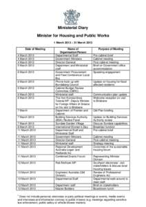 Ministerial Diary Minister for Housing and Public Works 1 March 2013 – 31 March 2013 Date of Meeting  11 March 2013