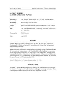 Reed College Library  Special Collections & Archives: Manuscripts MANLEY PAPERS ALBERT S. MANLEY PAPERS