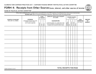 ALABAMA FAIR CAMPAIGN PRACTICES ACT - CAMPAIGN FINANCE REPORT FOR POLITICAL ACTION COMMITTEE  FORM 4: Receipts from Other Sources loans, interest, and other sources of income NAME OF POLITICAL ACTION COMMITTEE: When tota