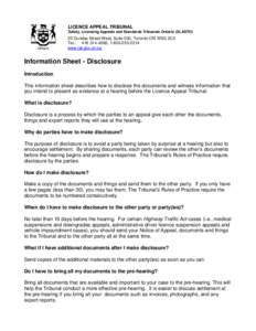 LICENCE APPEAL TRIBUNAL Safety, Licensing Appeals and Standards Tribunals Ontario (SLASTO) 20 Dundas Street West, Suite 530, Toronto ON M5G 2C2 Tel.: [removed], [removed]www.lat.gov.on.ca