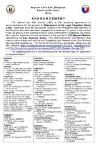 Supreme Court of the Philippines Judicial and Bar Council Manila ANNOUNCEMENT The Judicial and Bar Council (JBC) is still accepting applications or