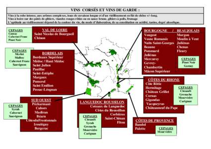 VINS CORSÉS ET VINS DE GARDE : Vins à la robe intense, aux arômes complexes, issus de cuvaison longue et d’un vieillissement en fût de chêne +/- long. Vins à boire sur des pâtés de gibiers, viandes rouges rôti