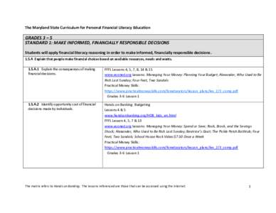 The Maryland State Curriculum for Personal Financial Literacy Education  GRADES 3 – 5 STANDARD 1: MAKE INFORMED, FINANCIALLY RESPONSIBLE DECISIONS Students will apply financial literacy reasoning in order to make infor