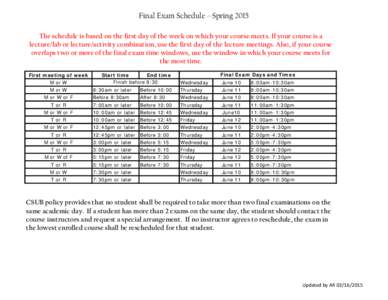 Final Exam Schedule --Spring 2015 The schedule is based on the first day of the week on which your course meets. If your course is a lecture/lab or lecture/activity combination, use the first day of the lecture meetings.