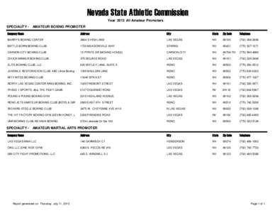 Nevada State Athletic Commission Year 2013 All Amateur Promoters SPECIALITY - AMATEUR BOXING PROMOTER