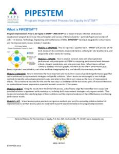 PIPESTEM Program Improvement Process for Equity in STEM™ What is PIPESTEM™? Program Improvement Process for Equity in STEM™ (PIPESTEM™) is a research-based, effective professional development program to increase 