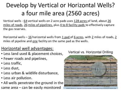 Develop by Vertical or Horizontal Wells? a four mile areaacres) Vertical wells - 64 vertical wells on 2 acre pads uses 128 acres of land, about 26 miles of roads, 26 miles of pipelines, plus 4 to 8 facility pads t