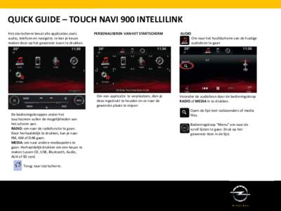 New Insignia Product Compendium  QUICK GUIDE – TOUCH NAVI 900 INTELLILINK Het startscherm bevat alle applicaties zoals audio, telefoon en navigatie. Je kan je keuze maken door op het gewenste icoon te drukken.