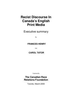 Racist Discourse In Canada’s English Print Media Executive summary By
