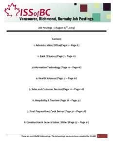 Vancouver, Richmond, Burnaby Job Postings Job Postings – (August 27th, [removed]Content1. Administration/ Office(Page 2 – Page[removed]Bank / Finance (Page 7 – Page 11)