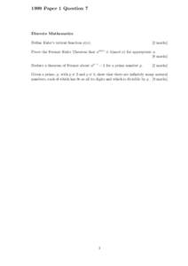 1999 Paper 1 Question 7  Discrete Mathematics Define Euler’s totient function φ(n[removed]marks]