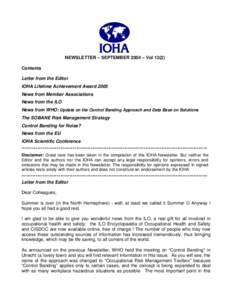 NEWSLETTER – SEPTEMBER 2004 – VolContents Letter from the Editor IOHA Lifetime Achievement Award 2005 News from Member Associations News from the ILO