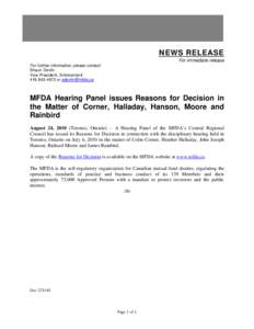 News Release - MFDA Hearing Panel issues Reasons for Decision in the Matter of Corner, Halladay, Hanson, Moore and Rainbird