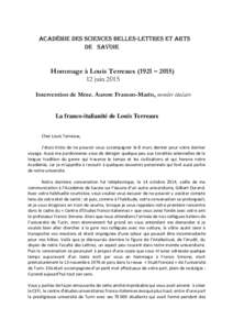 Académie des Sciences Belles-Lettres et Arts de Savoie Hommage à Louis Terreaux (1921 – juin 2015 Intervention de Mme. Aurore Frasson-Marin, membre titulaire