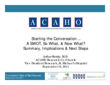 Starting the Conversation… A SWOT, So What, & Now What? Summary, Implications & Next Steps Arthur Slutsky, M.D. ACAHO Research Co-Chair & Vice President Research, St. Michael’s Hospital