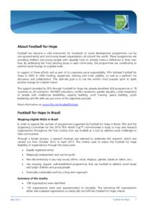About Football for Hope Football has become a vital instrument for hundreds of social development programmes run by non-governmental and community-based organisations all around the world. These programmes are providing 