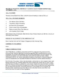 NORTH COUNTY TRANSIT DISTRICT MINUTES OF THE SPECIAL MEETING OF THE NORTH COUNTY TRANSIT DISTRICT HELD SEPTEMBER 3, 2015  CALL TO ORDER