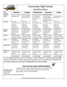 Enumclaw High School Breakfast Menu Daily Choices:  Monday