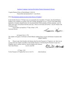 Southern Campaign American Revolution Pension Statements & Rosters Virginia Pension Claim of David Blanks VAS1216 Transcribed and annotated by C. Leon Harris [From Revolutionary pension records in the Library of Virginia