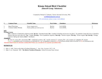 Kiome Island Bird Checklist (Russell Group Solomons) Compiled by Michael K. Tarburton, Pacific Adventist University, PNG. [To communicate: please re-type e-mail address] #