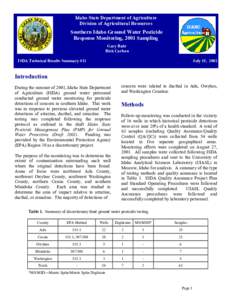 Idaho State Department of Agriculture Division of Agricultural Resources Southern Idaho Ground Water Pesticide Response Monitoring, 2001 Sampling Gary Bahr