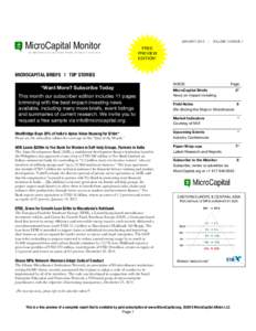 MicroCapital Monitor ON MICROFINANCE & OTHER FORMS OF IMPACT INVESTING  JANUARY 2015