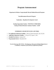 Program Announcement Department of Defense Congressionally Directed Medical Research Programs Neurofibromatosis Research Program Exploration – Hypothesis Development Award