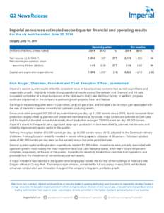 Imperial announces estimated second quarter financial and operating results For the six months ended June 30, 2014 Calgary, July 31, 2014 (millions of dollars, unless noted)