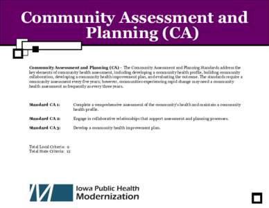Community Assessment and Planning (CA) Community Assessment and Planning (CA) - The Community Assessment and Planning Standards address the key elements of community health assessment, including developing a community he