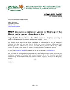 News release - MFDA announces change of venue for Hearing on the Merits in the matter of Ayokunnu Are