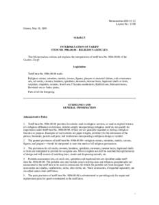 Memorandum D10[removed]Locator No.: 135B Ottawa, May 29, 1998 SUBJECT INTERPRETATION OF TARIFF ITEM NO[removed] – RELIGIOUS ARTICLES