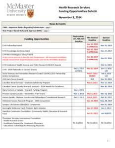 Health Research Services Funding Opportunities Bulletin November 3, 2014 News & Events CIHR – Important Notice Regarding Submissions – page 2 New Project-Based Biohazard Approval (BHA) – page 2