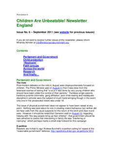 Newsletter 6  Children Are Unbeatable! Newsletter England Issue No. 6 – Septembersee website for previous issues) If you do not want to receive further issues of the newsletter, please inform