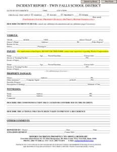 Submit by Email  Print Form INCIDENT REPORT - TWIN FALLS SCHOOL DISTRICT DATE OF OCCURRENCE: ______________TIME__________LOCATION:____________________________________________