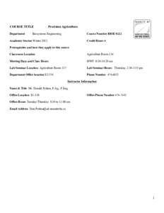 COURSE TITLE Department Precision Agriculture  Biosystems Engineering